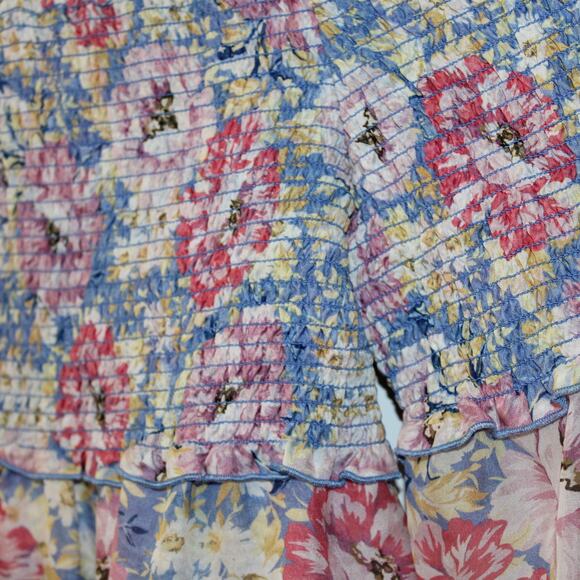 INTERMIX Lucy Silk Off-the-Shoulder Smocked Floral Long Sleeve Top | Small - Picture 4 of 10